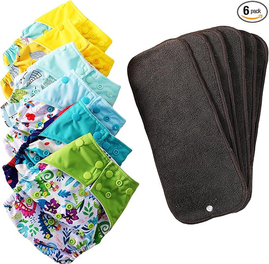 Cloth Diapers 6 Pack with 6 Inserts & 1 Wet Bag - Waterproof Cover, Washable, Reusable & One Size Adjustable Pocket Diapers for Newborns and Toddlers (Bear Set)