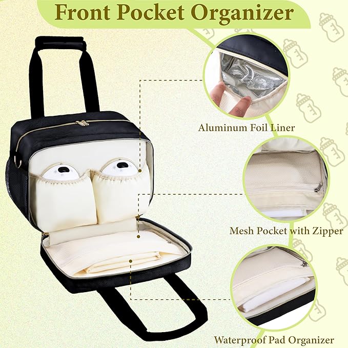 Breastmilk Cooler Bag with Ice Pack, Wearable Breast Pump Storage Bag, Insulated Bottle Travel Bag Compatible with Momcozy/Elvie/Willow, Fits 6 Baby Bottles up to 9 Ounce with Shoulder Strap, Black
