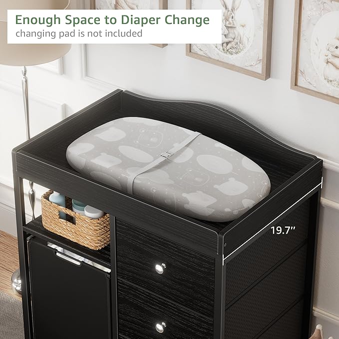 BOLUO Black Changing Table Dresser with 3 Fabric Drawers and Hamper, Baby Dresser with Changing Table Top, Nursery Diaper Changing Station with Storage Shelf Modern