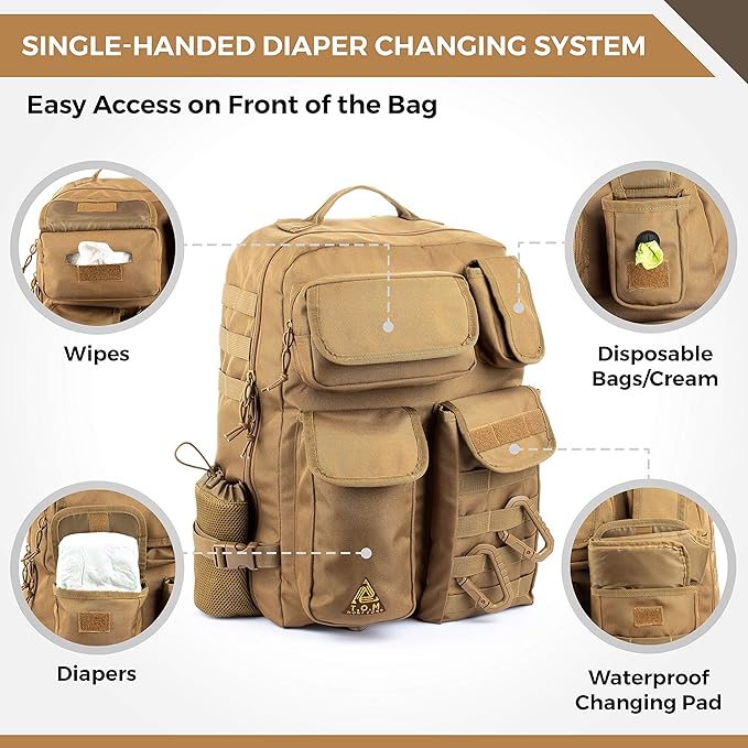 T.O.M HORIZONS Sling Diaper Bag for Dad; Single-handed Diaper Changing System. Changing Pad and much more included