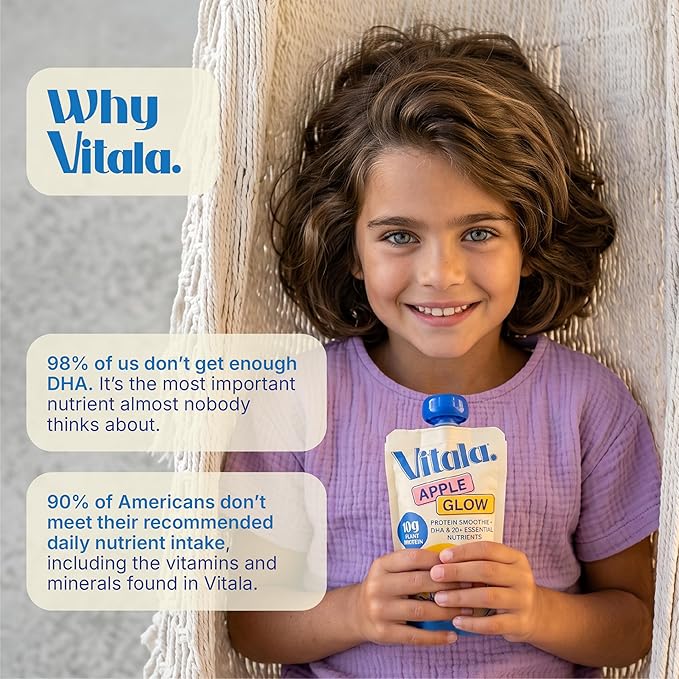Vitala Organic Protein Smoothie Pouches for Kids & Adults, 10g Plant Protein, 135mg DHA Omega-3, Real Vegetables, No Added Sugar, Allergen Free, Ivy League Developed, 10 Count (Apple Glow)