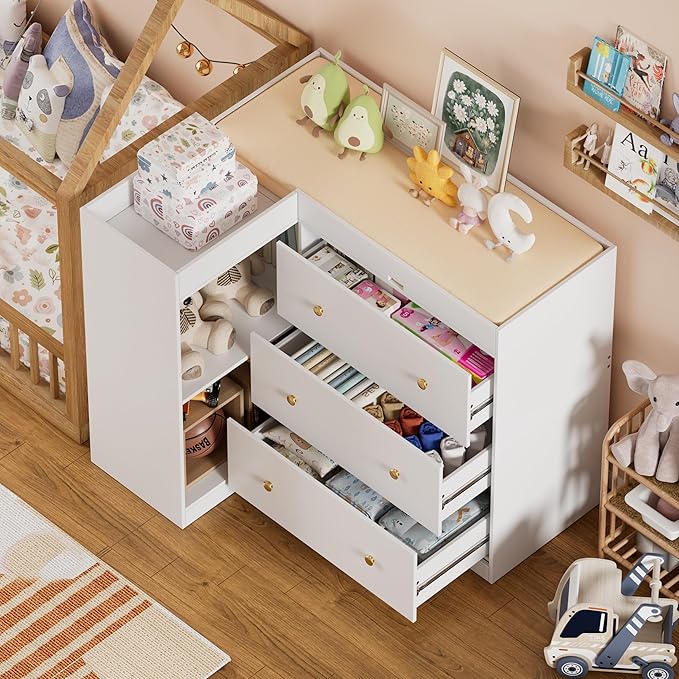 Modern Nursery Changing Table Dresser,Corner Baby Dressing Table with 5 Drawers,2 Open Storage Racks,Multi Functional Diaper Changing Station for Children's Rooms,for The Nursery, White