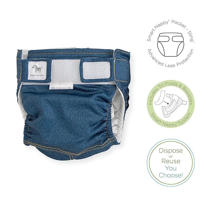 Amazing Baby Hybrid Cloth Diaper Cover with Pocket-Sling, Med, Sz 3 (12-25 lbs), Use Boosties Disposable or Reusable Inserts, Blue Jean, SmartNappy Set includes Cover + Tri-fold Insert + Booster Pad