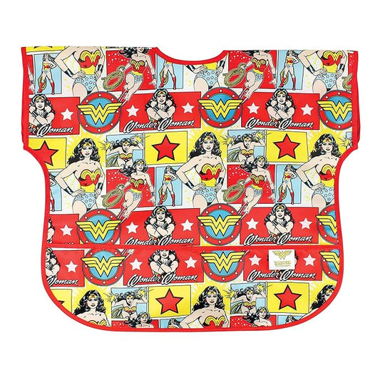 Bumkins Short Sleeve Bib for Girl or Boy, Toddler and Kids for 1-3 Years, Large Size, Essential Must Have for Junior Children, Eating, Mess Saving Soft Fabric Apron for Play, Wonder Woman DC Comics