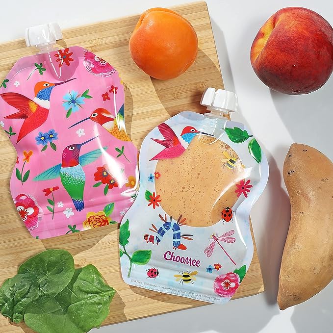 ChooMee Reusable Baby Food Storage Pouches | BPA Free Leakproof Toddler Squeeze Pouch for Smoothies, Purees & Baby Food | Refillable, Double Zipper, Easy Clean, Wide Bottom | 6CT, 8oz FlutterBug