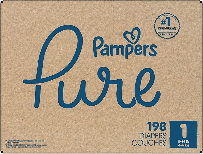 Pampers Pure Baby Diapers, Size 1 (8-14 lbs), 198, Up to 100% Leakproof, Premium Hypoallergenic Soft Diapers