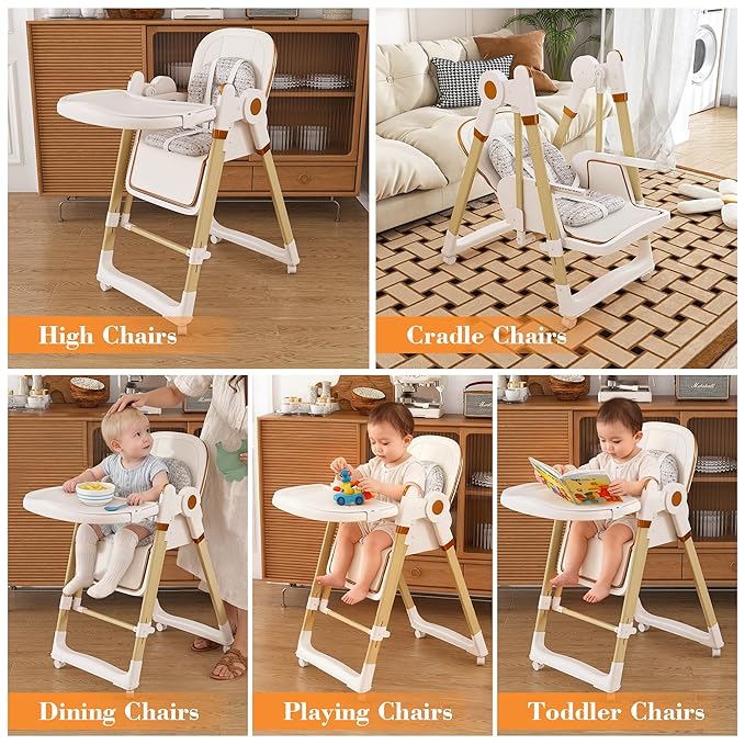 Foldable Baby High Chair with 150° Swing & Recline,Convertible High Chairs for Babies and Toddlers,5 Height Levels,3 Backrest & Footrest Positions,Removable Double Tray,Lockable Wheels (White)