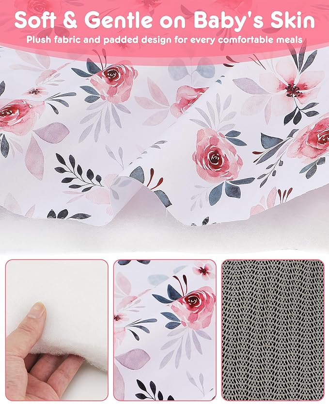 Baby High Chair Cover Restaurant with Strap Pads & 3-Point Harness, Machine Washable, Waterproof Portable Highchair Covers for Eating, Travel, Home Use - Fits Wooden Chairs, Pink Flowers