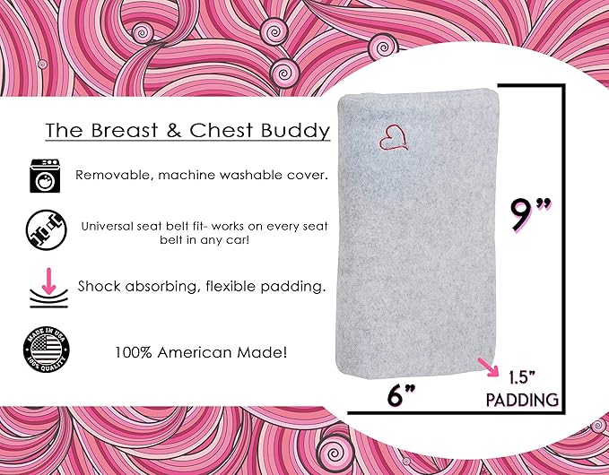 The Breast & Chest Buddy - Seatbelt Cushion for Open Heart Surgery, Mastectomy and Chest Reconstruction Sites - Solid Gray with Heart
