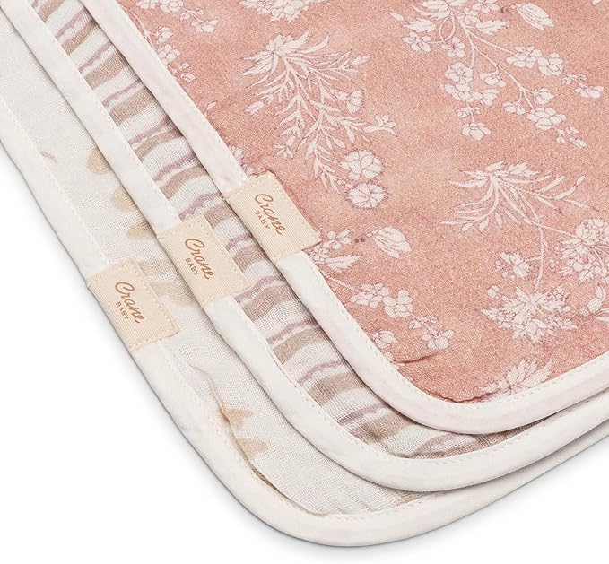 Crane Baby Violet Floral Cotton Muslin Burp Cloth Set, 3 Pack Baby Girl Burp Cloths, Absorbent 100% Cotton Muslin, Pink Burping Cloth for Baby Girl, Soft Burping Cloths for Newborn