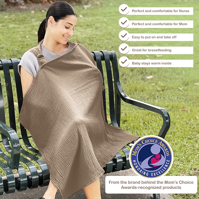 100% Organic Cotton Nursing Cover & Shawl - 43 x 28 Inch Breathable Muslin Breastfeeding Nursing Apron Cover with Arch Neckline for Mothers, Multi-use Carseat Canopy (Beige)
