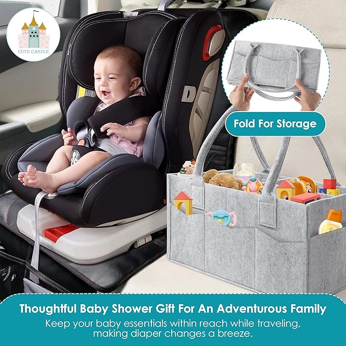 Cute Castle 2 Pack Diaper Caddy Organizer - Portable Baby Caddy Organizer with Handle, Nursery Storage Bin and Car Organizer for Girls, Boys - Baby Gift Basket - Grey