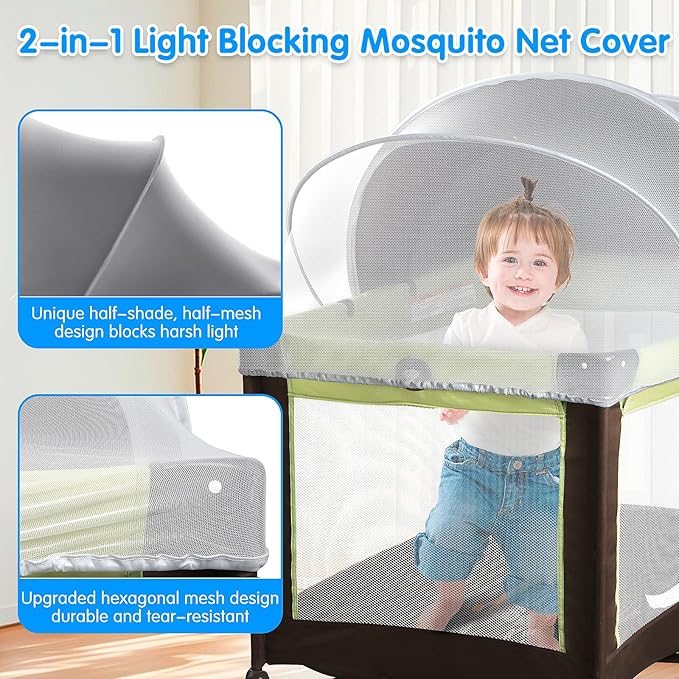 Pack N Play Tent Cover - Light-Blocking Mosquito Net with Two-Way Zipper Portable Bassinet Canopy to Keep Cats Out Bedside Bassinet Insect-Proof Cover, Gray-Large
