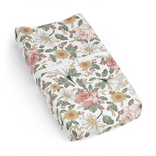Sweet Jojo Designs Blush Pink Yellow Vintage Floral Boho Girl Baby Changing Pad Cover Sheet Infant Newborn Diaper Change Mat Cover Green White Bohemian Shabby Chic Farmhouse Leaf Rose Leaves Flower