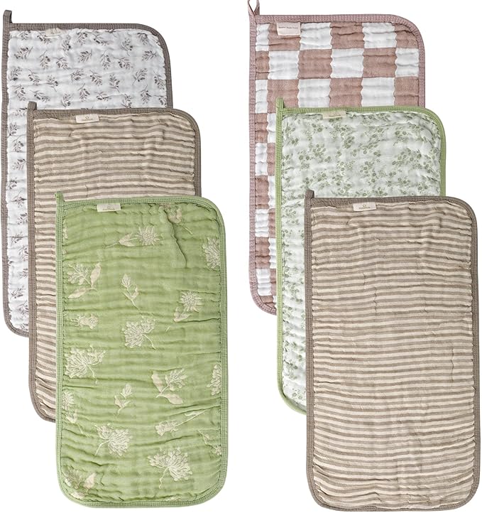 6-Pack Muslin Baby Burp Cloths Made with Organic Cotton – 6-Layer Absorbent & Gentle for Newborn Feeding, Burping – Ultra-Soft, 20x10 Inch Set in Natural Sage