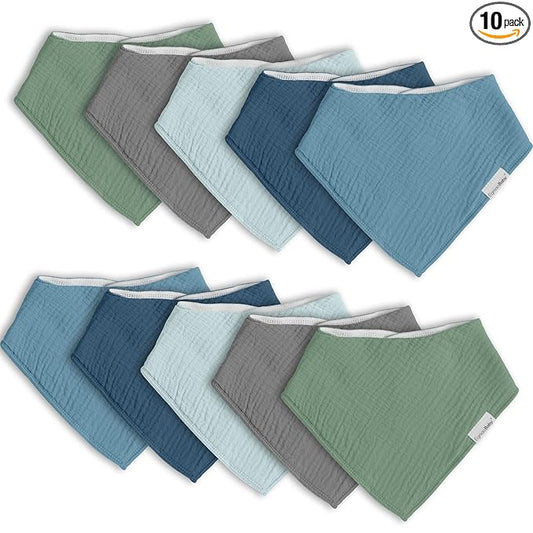 Muslin Baby Bibs for Boys Girls,10 Pack Super Absorbent Baby Bandana Drool Bibs Set for Teething and Drooling,100% Cotton Soft for Infant,Newborn