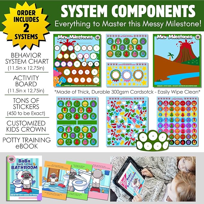 17PC Toddler Dinosaurs Potty Training Chart Behavior Chart for Toddlers, Potty Chart, Toddler Reward Stickers, Reward Chart for Kids, Crown & Activity Board by LIL ADVENTS Mini Milestones + eBook