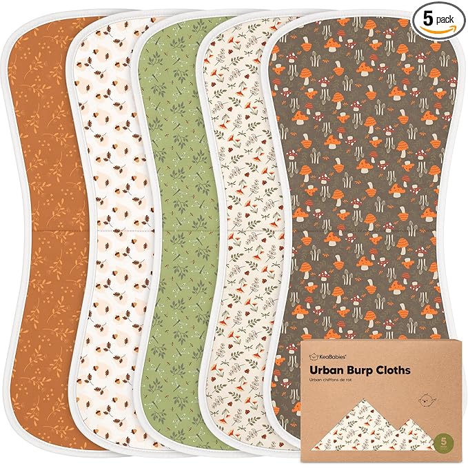 Organic Burp Cloths Baby Boy & Girl - 5-Pack Super Absorbent Cotton Burping Cloths for Babies, Soft & Plush Newborn Spit Up Rags, Infant Towels for Milk Spit Up, Unisex, Large 21" x 10" (Fall Spores)
