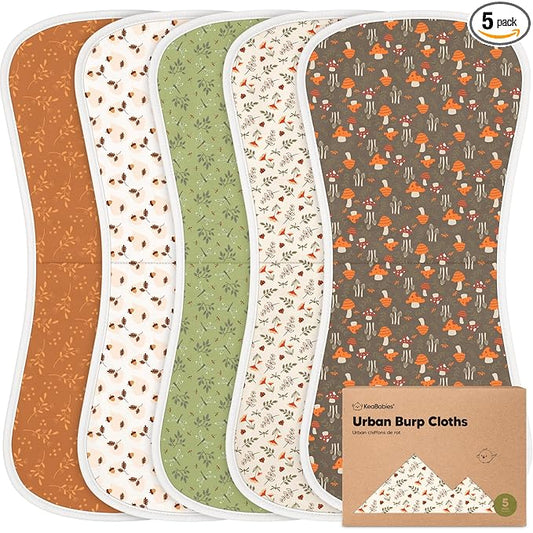 Organic Burp Cloths Baby Boy & Girl - 5-Pack Super Absorbent Cotton Burping Cloths for Babies, Soft & Plush Newborn Spit Up Rags, Infant Towels for Milk Spit Up, Unisex, Large 21" x 10" (Fall Spores)