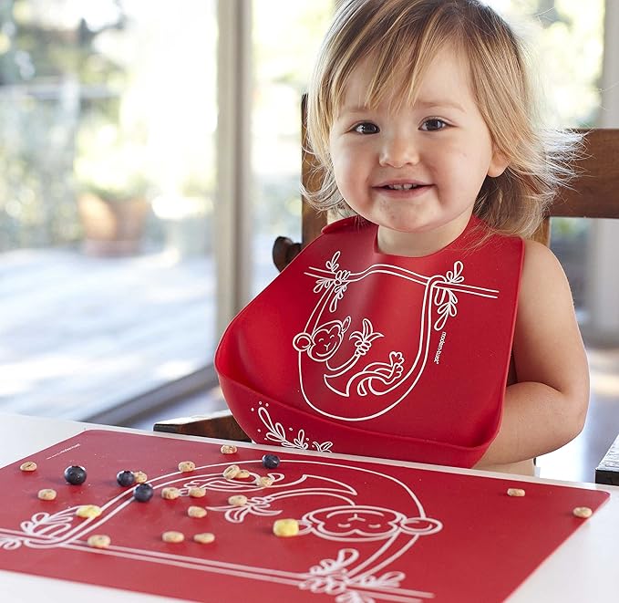 Modern Twist Bucket-Bib 100% Food-Grade Silicone, Waterproof and Reusable, Monkey Business – Red