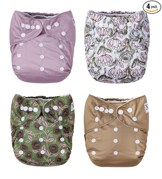 Nora's Nursery Cloth Pocket Diapers 4 Pack with 4 Inserts - Waterproof Cover, Washable, Reusable & One Size Adjustable Pocket Diapers for Newborns and Toddlers - Meadow
