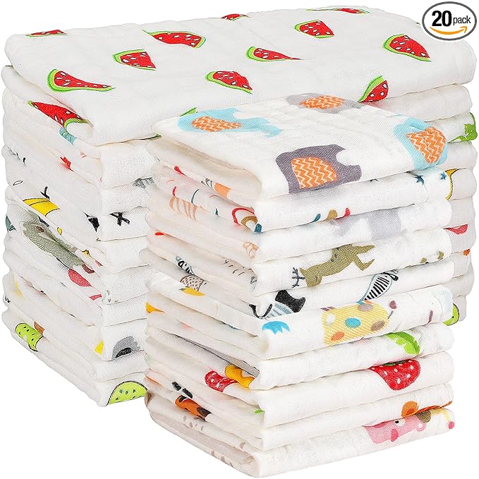 Kenning 20 Pack Muslin Baby Burp Cloths Washcloths Set Large 20 x 10 Inches and 10 x 10 Inches Cotton Boy Girl Burp Rags Combo Cute Face Towels Gift 6 Layers Absorbent, 20 Styles for Baby Shower