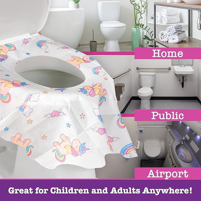 Potty Shields Toilet Seat Covers Disposable (20 pk, Unicorns) - XL Waterproof Toilet Cover for Toddlers, Kids & Adults - Portable & Individually Wrapped for Travel, Potty Training, Public Restrooms