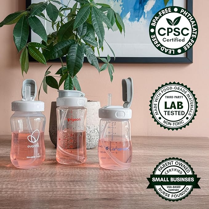 Flip Top Straw Lid for Lansinoh, Pigeon and Evenflow Wide Neck Baby Bottles, 2-Count, Cleaning Brush, Food Grade Silicone, BPA-Free, Spill and Leak Proof, Converts to Straw Bottle, 6+ Months