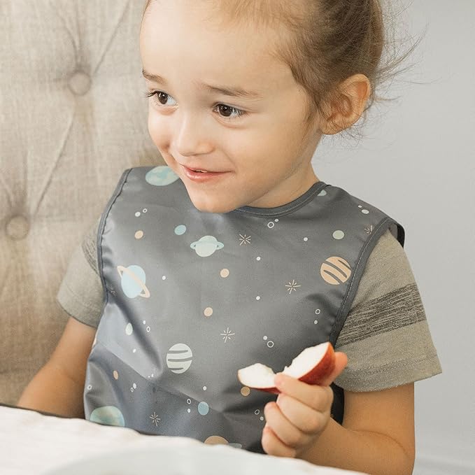 Tiny Twinkle Mess Proof Baby Bibs | 2 Pack Waterproof Toddler Bib for Eating | Baby Apron for Feeding, Machine Washable, Perfect Shower Gift (Space,Black Checkers, 6–24M)