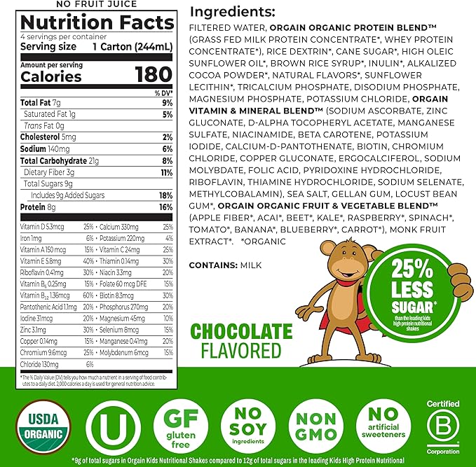 Orgain Organic Kids Protein Nutritional Shake, Chocolate - 8g of Protein, 22 Vitamins & Minerals, Fruits & Vegetables, Gluten Free, Soy Free, Non-GMO, 8.25 Fl Oz (Pack of 4)