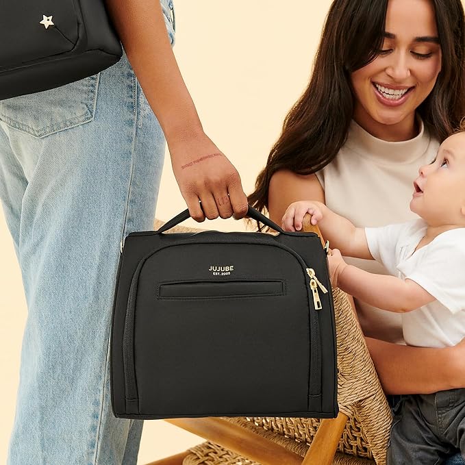JuJuBe Insulated Bottle Bag, Breastmilk Cooler, Fits 3 Baby Bottles, Storage Tote for Nursing Mom, Daycare & Travel, Lunch Bag w/Handle & Shoulder Strap (Black)