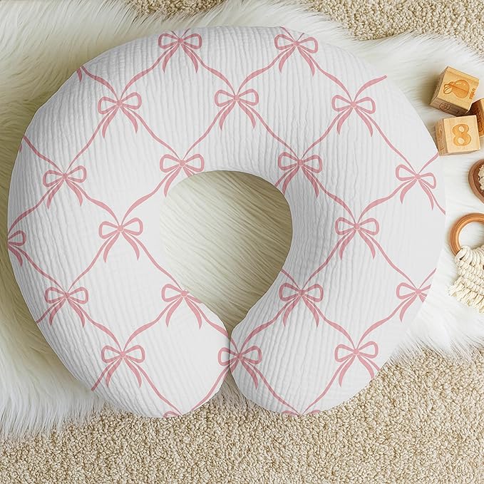 Sweet Jojo Designs Muslin Nursing Pillow Cover (Pink Bows) for Baby Girls, Newborn, Infant 100% Cotton Breastfeeding Pillowcase - PILLOW NOT INCLUDED (Elegant, Bow for the Ballerina Ballet Collection)