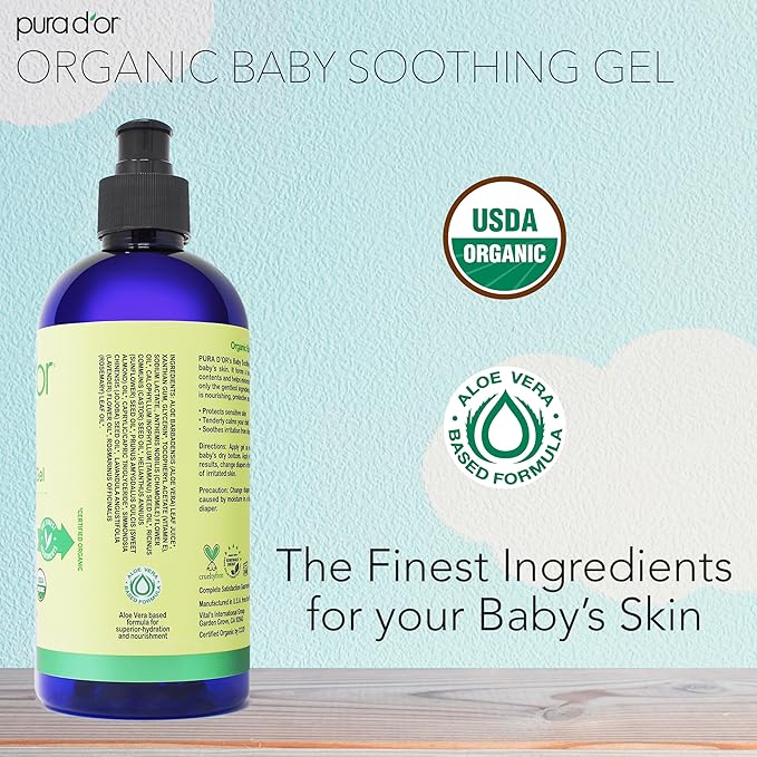 PURA D'OR ORGANIC Baby Soothing Gel For Sensitive Skin (16 Oz x2 = 32 Oz) Diaper Rash & Irritation Relief with Aloe Vera, Tamanu Oil, Chamomile, Jojoba, & Almond Oil