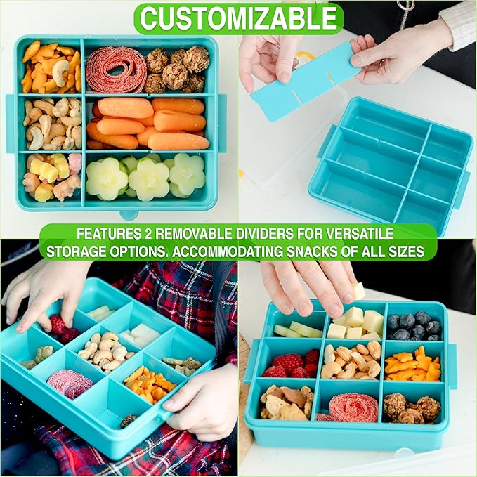 Travel Snack Box for Kids - Customizable Snackbox Container Organization System with Removable Dividers and Fun Silicone Character Decorations - Air-Tight Dishwasher-Friendly Toddler Food Containers