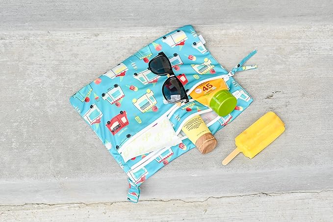 BapronBaby Ice Cream Truck Wet Dry Bag - Waterproof Two Zipper Pockets - Reusable for Mealtime, Diapers, Stroller, Snacks, Swimsuits - Machine Washable - 11" x 9"