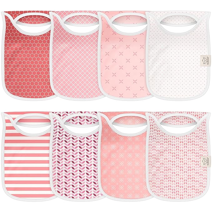 KeaBabies 8-Pack Bibs for Baby Girl, Boy - Pullover Large Baby Bibs for Drooling and Teething Infant, Newborn, Soft & Absorbent Organic Cotton, Long Torso Coverage Keep Toddler Clean & Dry (Blush)