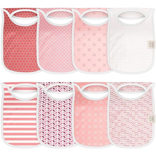 KeaBabies 8-Pack Bibs for Baby Girl, Boy - Pullover Large Baby Bibs for Drooling and Teething Infant, Newborn, Soft & Absorbent Organic Cotton, Long Torso Coverage Keep Toddler Clean & Dry (Blush)