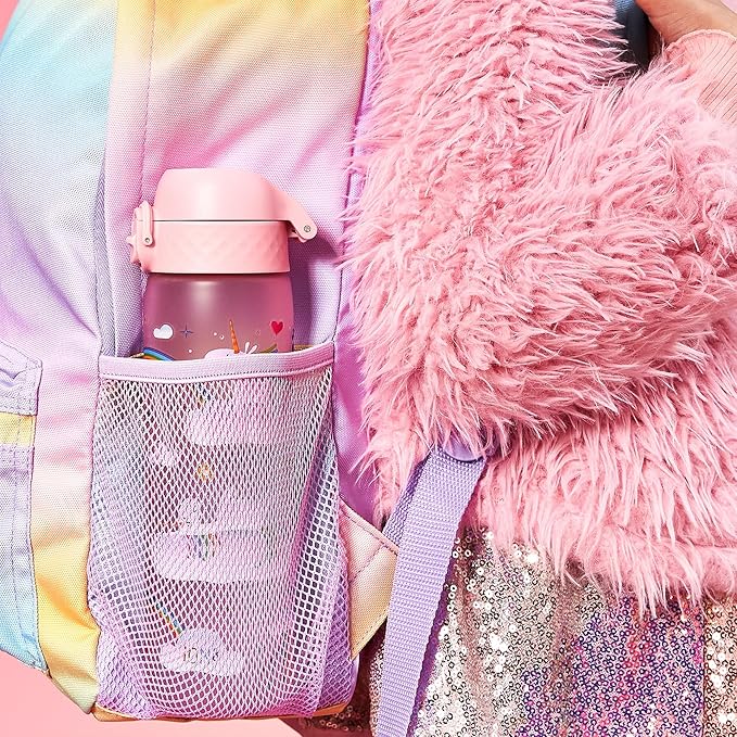 Ion8 Water Bottle, 500 ml/18 oz, Leak Proof, Easy to Open, Secure Lock, Dishwasher Safe, BPA Free, Flip Cover, Carry Handle, Easy Clean, Odor Free, Carbon Neutral, Pink, Unicorn Rainbows Design