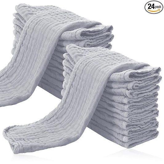 Cute Castle 24 Pack Muslin Burp Cloths for Baby - Ultra-Soft 100% Cotton Baby Washcloths - Large 20'' by 10'' Super Absorbent Milk Spit Up Rags - Burpy Cloths for Unisex, Boy, Girl -Slate