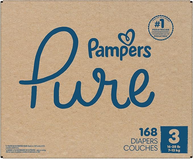 Pampers Pure Baby Diapers, Size 3 (16-28 lbs), 168, Up to 100% Leakproof, Premium Hypoallergenic Soft Diapers