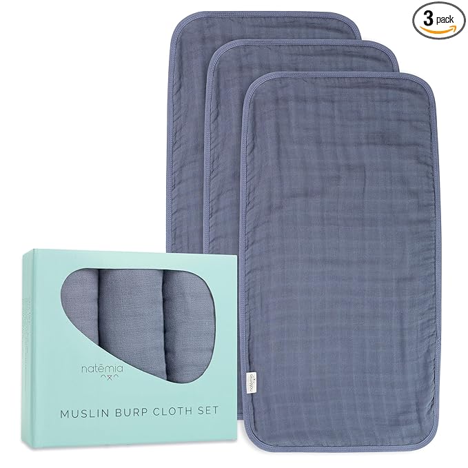 Natemia Ultra Soft Muslin Burp Cloths – Large, Super Absorbent Baby Burp Cloths for Newborn Spit Up - Machine Washable for Drool and Messes Essentials for Boys & Girls, 3 Pack