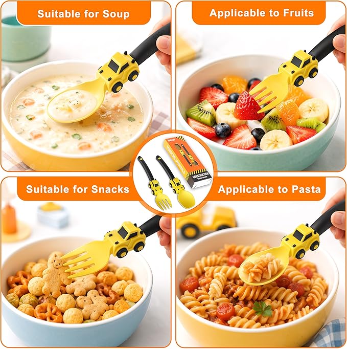 Deinyi Construction Toddler Utensils - Toddler Forks and Spoons - Kids Construction Toys Utensils - Forks and Spoons Silverware Set - Easter Birthday for 1 2 3 4 5 year old, Yellow