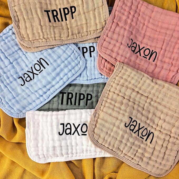 Personalized Muslin Burp Cloth with Embroidered Name For Baby Boy & Girl 6-Layer 100% Cotton Burping Cloths for Babies, Soft & Plush Newborn Spit Up Rags, Infant Towels for Milk Spit Up (White)