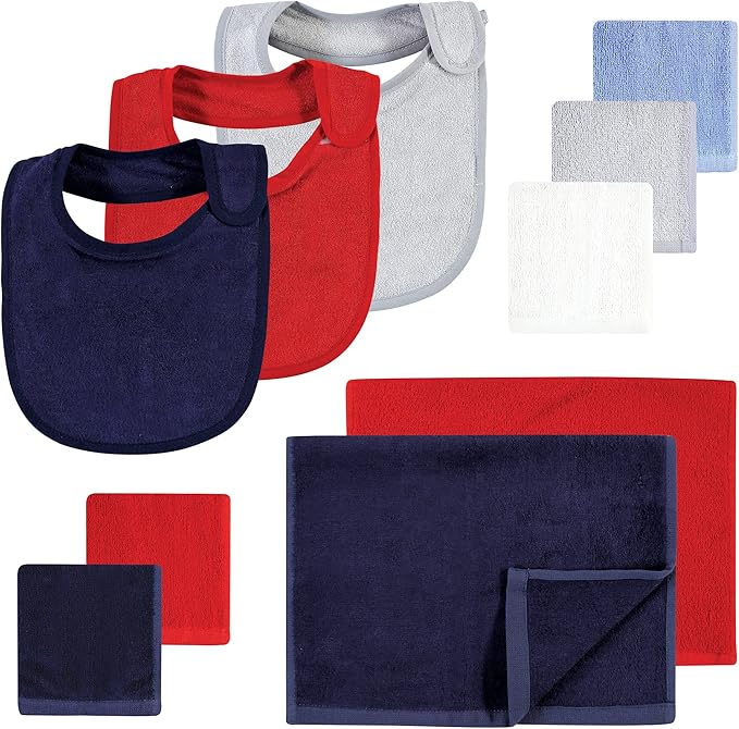 Hudson Baby Rayon from Bamboo Bib, Burp Cloth and Washcloth 10Pk, Red Blue