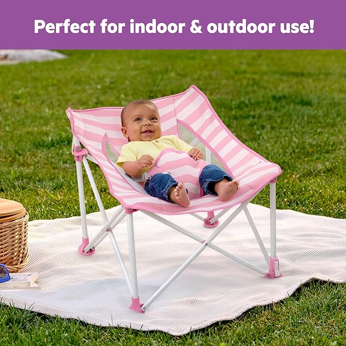 Bright Starts Pop ’N Chill Baby Chair Travel Seat, Indoor/Outdoor Use, Portable Infant Seat with Removable UPF 50+ Canopy, Pink, 0-6 Months