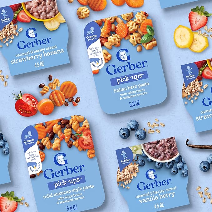 Gerber Toddler Food, Baby Food, Breakfast Oatmeal with Barley, Strawberry Banana Flavor, Cereal, Iron Helps Support Brain Development, 8 Pack