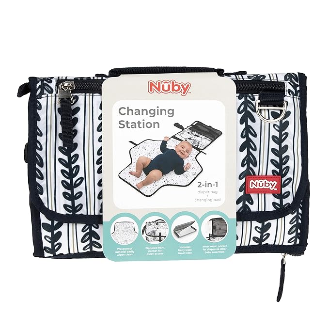 Nuby Portable Baby Changing Pad Station, Quick Wipe Clean Changing Mat with Built-in Pillow, Stripes Print