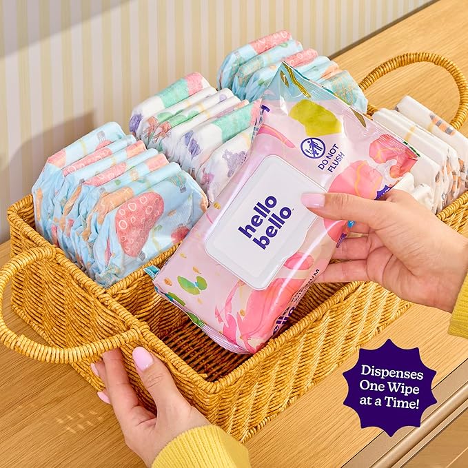 Hello Bello Premium Baby Wipes for Sensitive Skin, Hypoallergenic, Fragrance-Free, 99% Water with Chamomile & Aloe, Multi-Use, Rosy Posy, 9 Resealable Packets, 540 Wipes