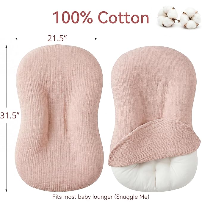 Muslin Baby Lounger Cover 1 Pack, Cotton Soft Breathable Infant Nest Slipcover, Envelope Closure, Compatible with Snuggle Me Loungers, Machine Washable, Cover Only, for Girls Boys(Pink)