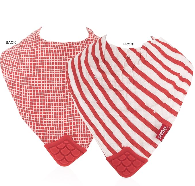 Nuby Reversible 100% Natural Cotton Muslin 3 Piece Teething Bib, Grey/Red/Blue, Arrows/Red Stripes/Elephants